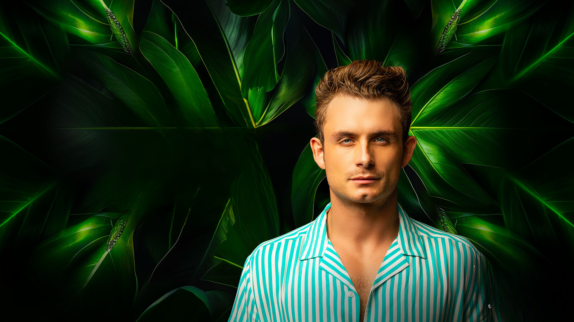 DJ James Kennedy in a blue button-down shirt against a black and neon green background.