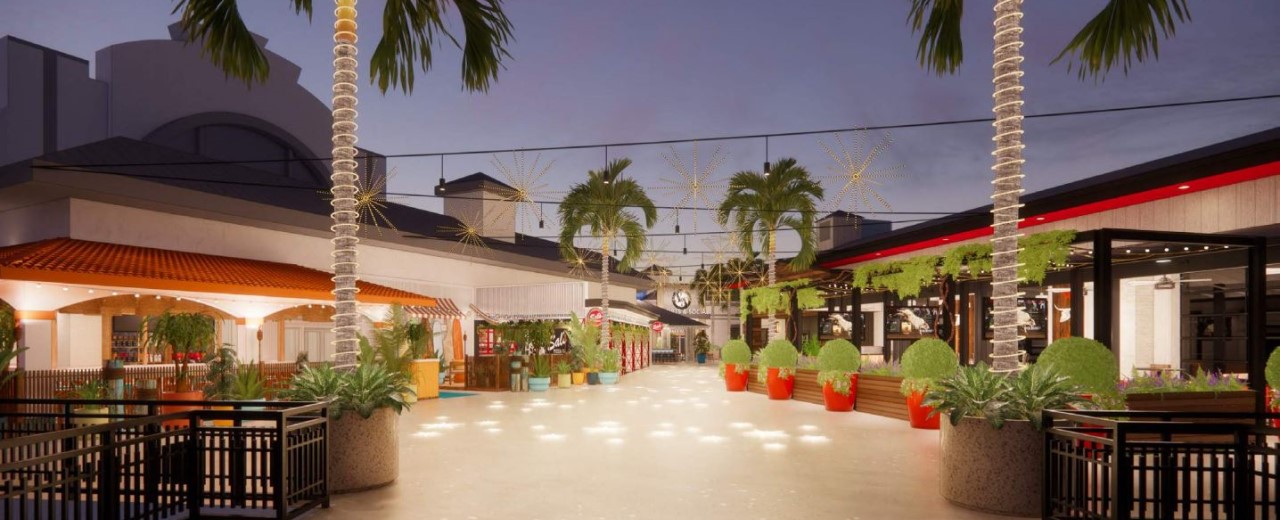 Rendering of the outdoor plaza area at Live! at the Pointe Orlando.